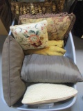 Tote of Accent Pillows and Set of Sheets