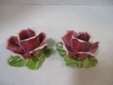 Pair of Capodimonte Porcelain Rose Bud Candle Holders