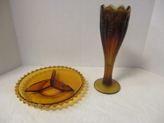 Divided Brown Glass Dish  And Vase