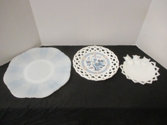 Milk Glass Platter, Dessert Stand With Floral Design, And