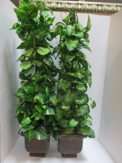 Pair Of Faux Trellised Greenery In Lightweight Resin Planters