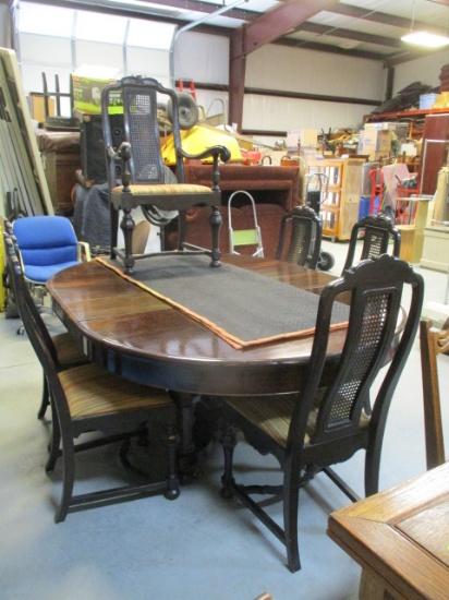 Pedestal Table With Crank Extension Base & 6 Cane-Back Chairs