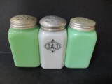 Three 1930's McKee Glass Co. Shakers:  2 Green, 1 White