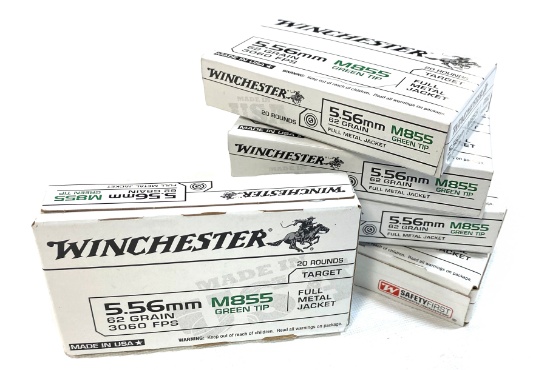 NIB 100rds. of 5.56MM - Winchester M855 Green Tip 62gr. FMJ Brass Ammunition