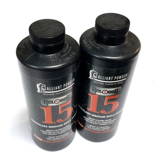 New (1lb) Pair of Alliant Powder “Reloder 15” Smokeless Medium Rifle Powder
