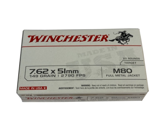NIB 20rds. of 7.62x51 (.308 Win) M80 Winchester 149gr. FMJ Brass Ammunition
