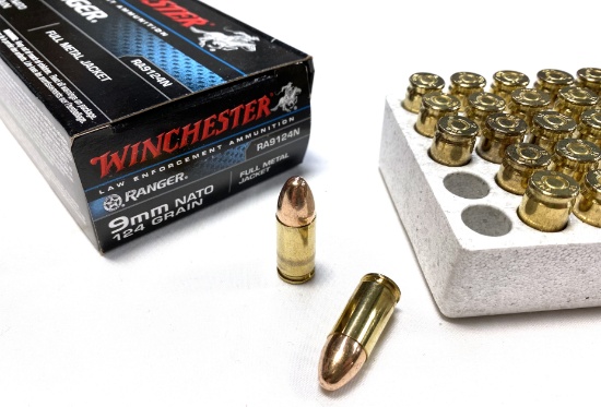 NIB 50rds. of 9MM Luger - Winchester Ranger 124gr. FMJ Brass Law Enforcement Ammunition