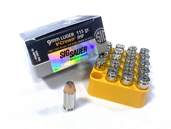 NIB 20rds. of 9MM Luger - Sig Sauer 115gr. V-Crown JHP Defense Ammunition