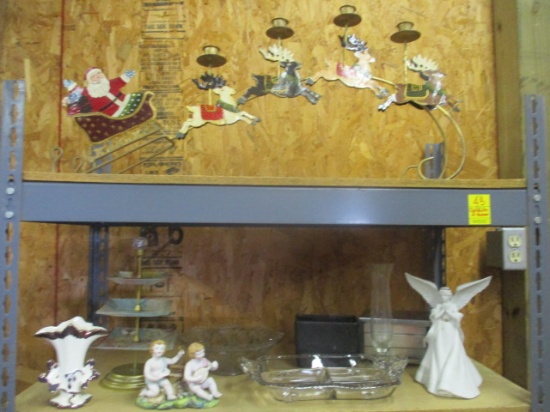 Metal Santa Sleigh Candle Holder, McCoy Planter, Etched Glass Vase,