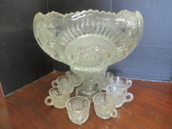 Vintage Pressed Glass Punch Bowl with Pedestal Base and Nine Cups