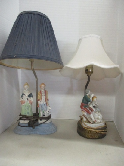 Two Porcelain Victorian Couple Vanity Lamps