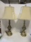 Pair Of Heavy Antique-Brass Lamps With Faux Silk Shades