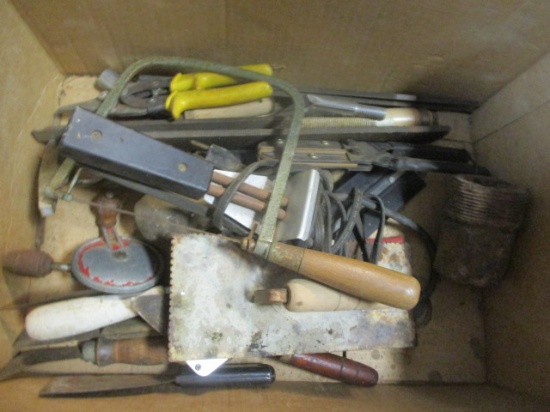 Tool Lot:  Saw blade, Snips, Hand Drill, Trowel, And More