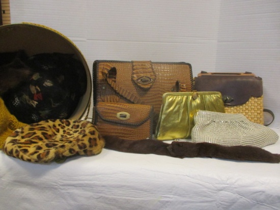 Vintage Purses And Hats:  Leather, Fur, Feather, Metal ore