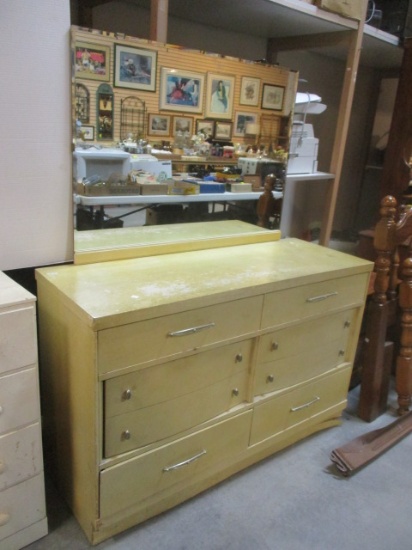 Retro 6-Drawer Dresser With Beveled Mirror