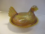 Iridescent Carnival Glass Hen On Nest