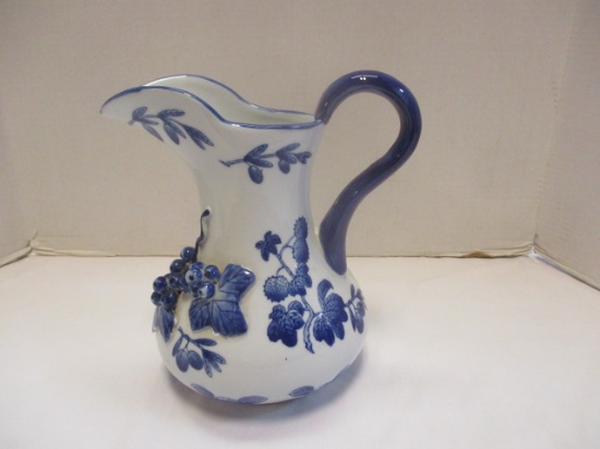 Blue & White Pitcher with Applied Flowers