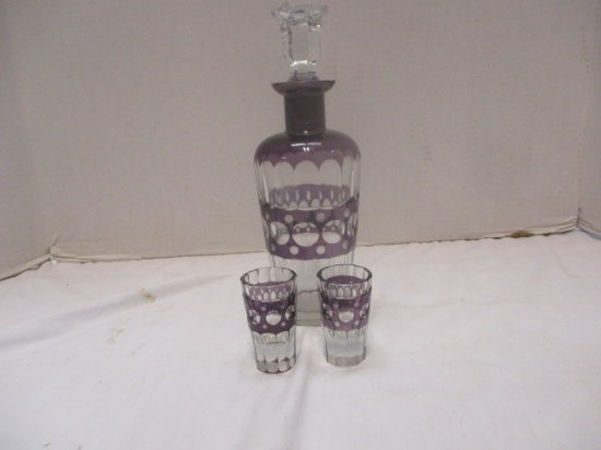 Purple & Clear Decanter & 2 Matching Shot Glasses