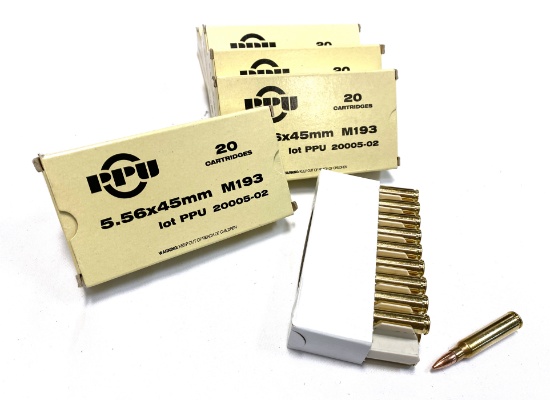 NIB 100rds. of 5.56x45MM - PPU M193 55gr. FMJ Brass Ammunition