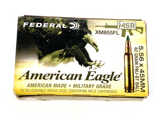 NIB 20rds. of 5.56 x 45mm Federal American Eagle MSR 62gr. FMJ-BT Ball Ammunition