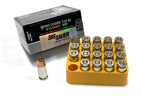 NIB 20rds. of 9MM LUGER Sig Sauer V-Crown 124gr. JHP Personal Defense Ammunition