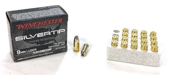 NIB 20rds. of 9MM LUGER Winchester Silvertip 115gr. JHP Personal Defense Ammunition