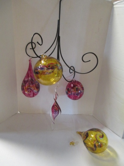 5 Handblown Glass Ornaments On Hanging Metal Holder