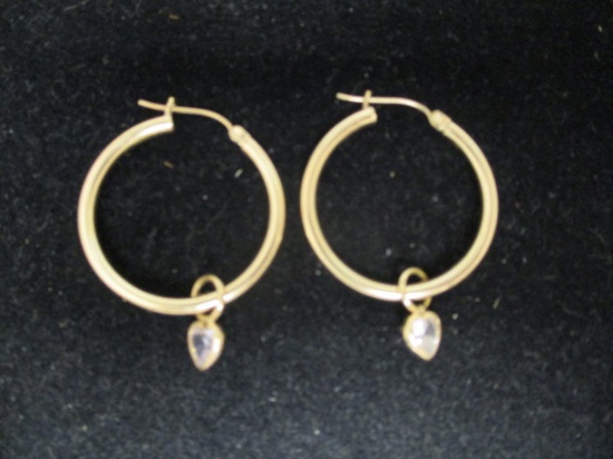 10k Gold Hoop Earrings w/ Crystal Heart Charms