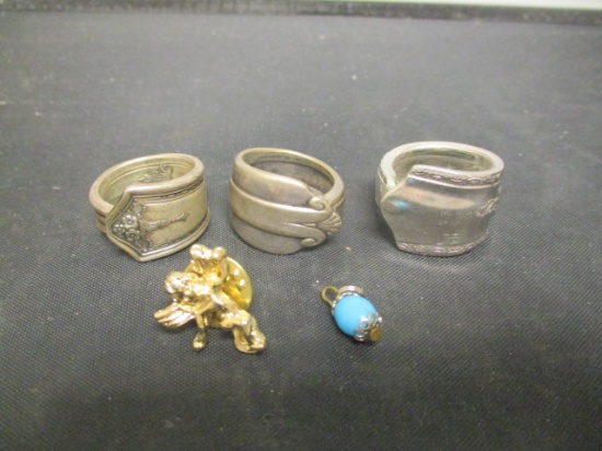 3 Silvertone Rings, Angel Pin and Turquoise Charm