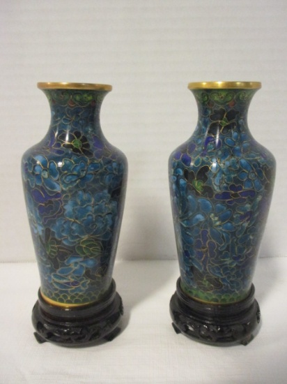 Pair of Cloisonné Vases on Wood Stands