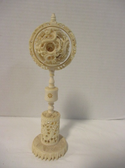 Pre-Ban Carved Ivory Puzzle Ball on Stand