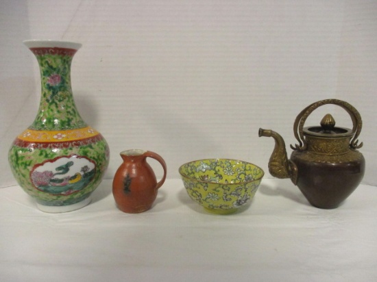Asian Design Vase, Bowl, Creamer and Brass Teapot