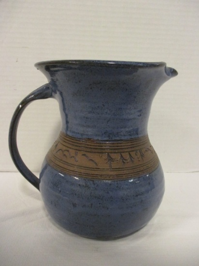 Signed Groundhog Blue Pottery Hand Turned Pitcher