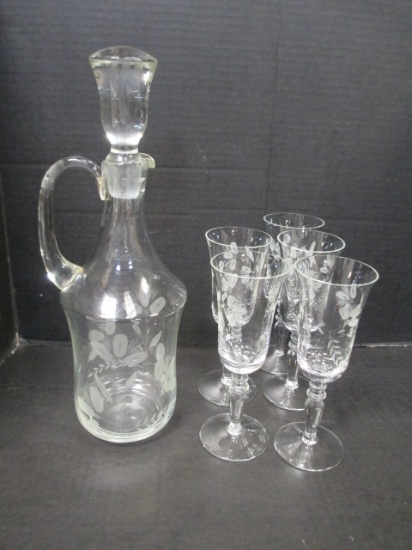 Etched Crystal Decanter And 5 Stems