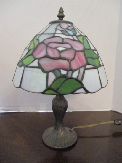 Small Metal Lamp with Stained Glass Shade