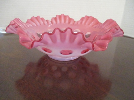 Cranberry Opalescent Coin Dot Ruffled Edge Bowl