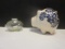 Small Clear Glass Piggy Bank and Ceramic Handpainted in Romania Piggy Bank