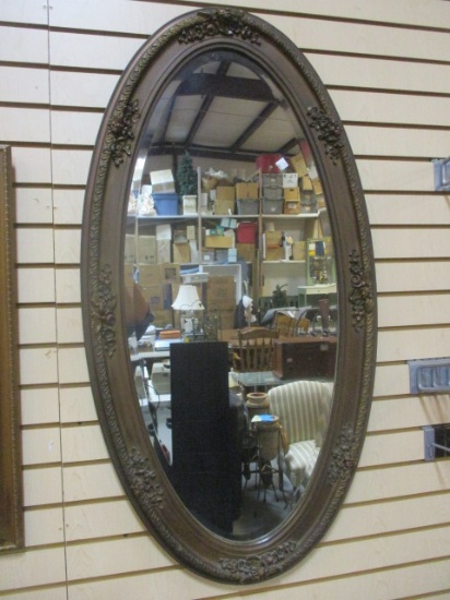 Beveled Mirror With Bronze-Tone Oval Frame With Rosette Trim