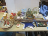 Small Table Lot - Baskets, Candle, Vases, Icecream Bowls and Scoop, M&Ms String of lights etc.