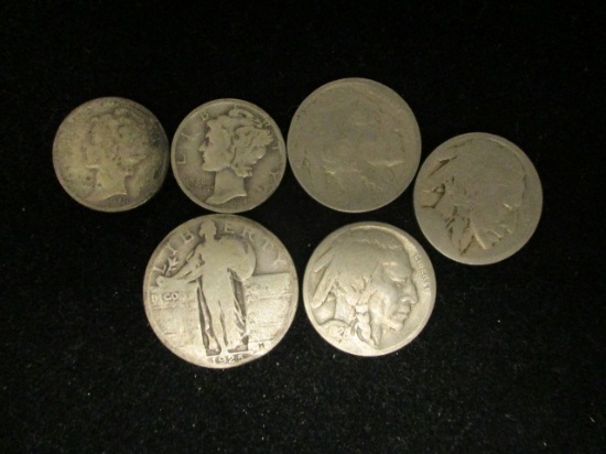 1925 Quarter, 1936 & 1940 Dimes, 3 Buffalo Nickels
