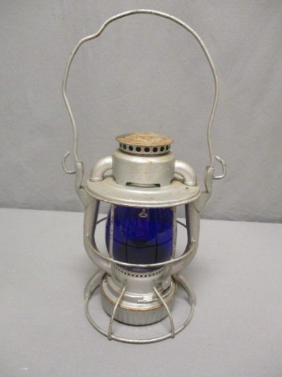 WOW! Fantastic Antique Railroad Lantern w/Blue Glass Globe - See All Photos