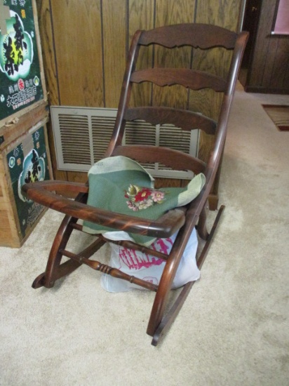 Folding Wood Rocking Chair with Needlepoint for Cushion