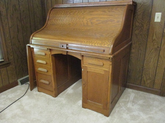 Antique Oak Roll Top Desk with Keys and Hidden Door