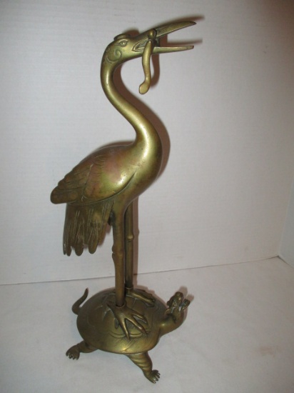 Brass Crane and Turtle Candlestick