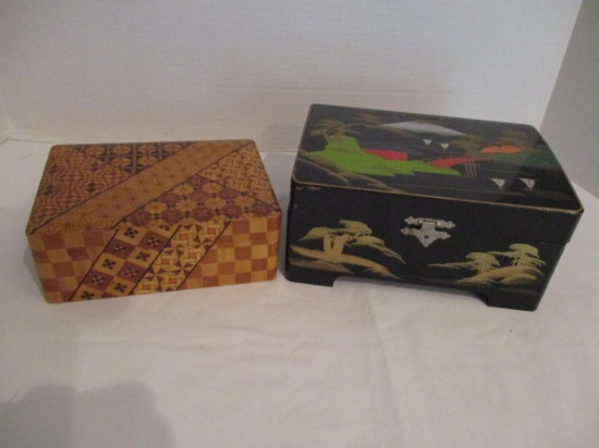 Hand Painted Lacquered Jewelry Box and Wood Parquet Box