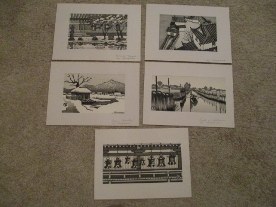 Five Japanese Wood Block Prints by Okuyama
