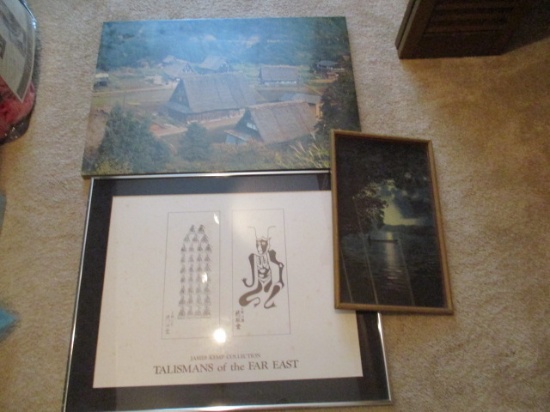 Japanese Village Photo Mounted on Board, James Kemp Framed Poster, and Framed Fabric Art