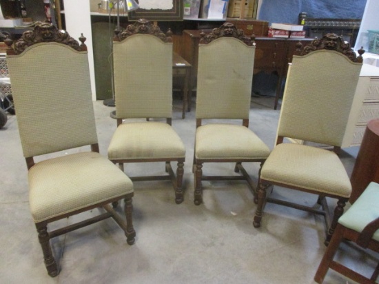 Four Antique Upholstered Side Chairs with Ornate Lion Face Carving