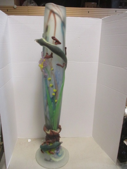 Very Large Blown Glass Vase with Applied Lizards and Flowers