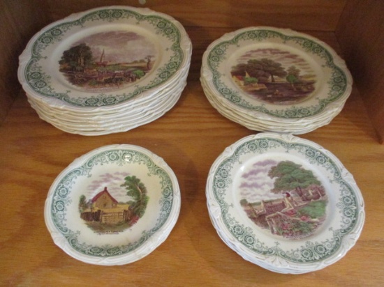 23 Pieces of Vintage Grindley England "Scenes After Constable" Green/Purple Transferware